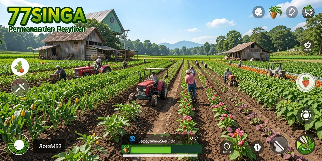 Screenshot gameplay 77SINGA menampilkan ladang pertanian yang subur.