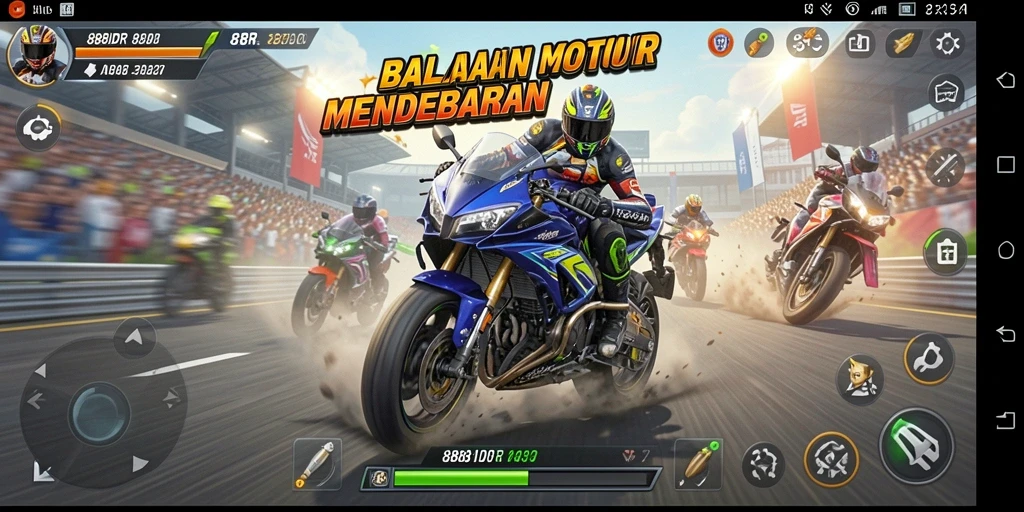 Tampilan gameplay menegangkan 888IDR dengan motor balap yang cepat.