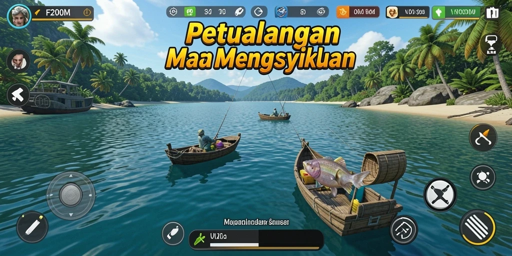 Tampilan gameplay seru dalam F200M saat menangkap ikan.