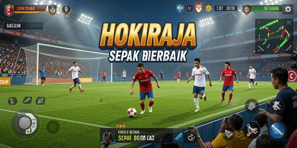 Tangkapan layar gameplay HOKIRAJA, menampilkan aksi sepak bola yang mendebarkan.