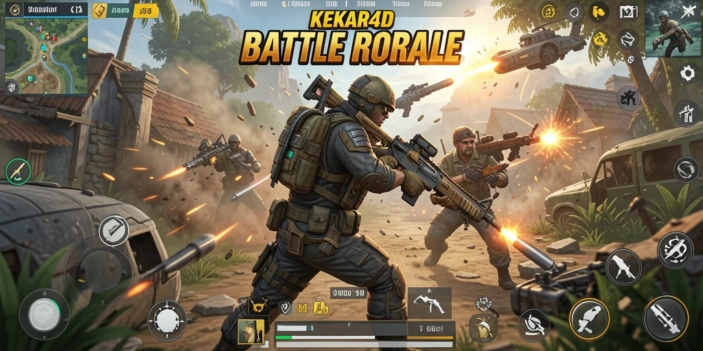 Screenshot gameplay KEKAR4D menampilkan aksi Battle Royale yang mendebarkan.