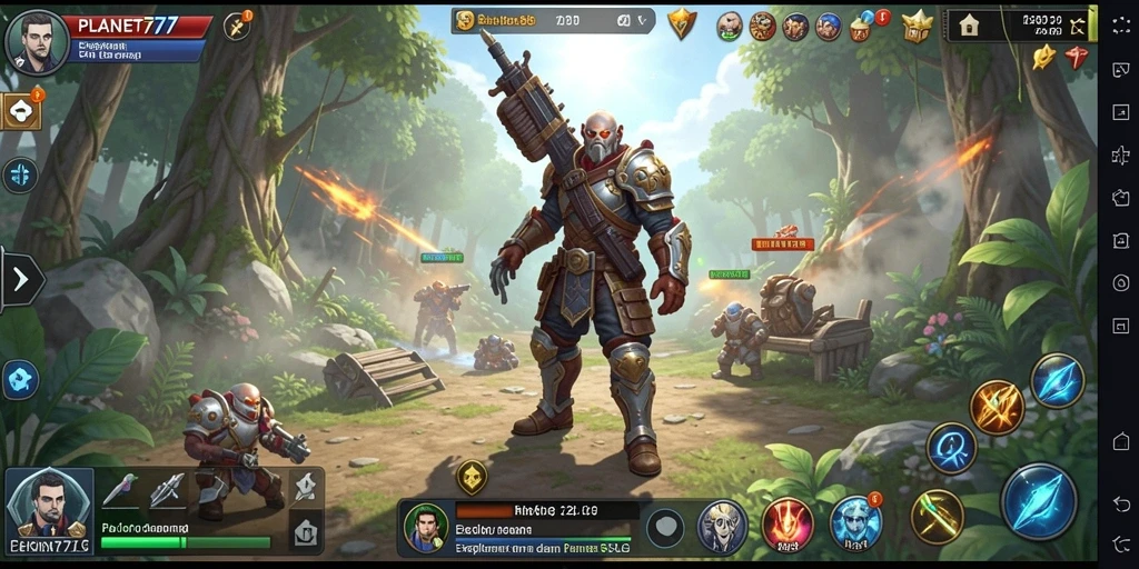 Screenshot gameplay PLANET77 menampilkan aktivitas membangun basis dan strategi pertempuran.
