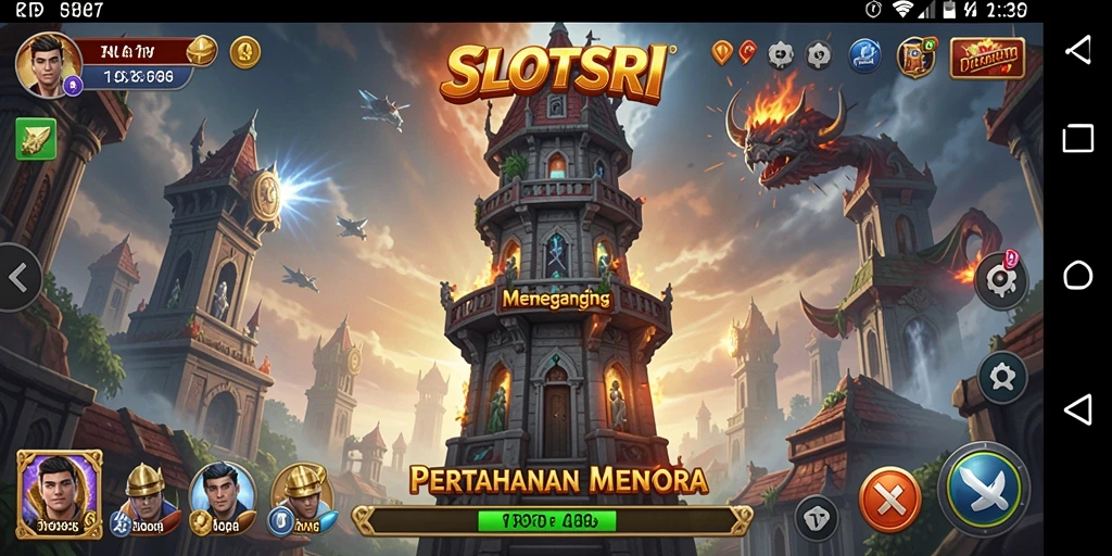 Tangkapan layar gameplay SLOTSRI yang menampilkan pertarungan menara.